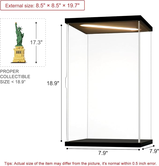 Acrylic Display Case for Collectibles Clear Dustproof Acrylic Boxes for Display Trophy Figure Toys Lighted Lego 21042 Display Case Storage Box(Black-Solid Yellow; 7.9*7.9*18.9 inch)