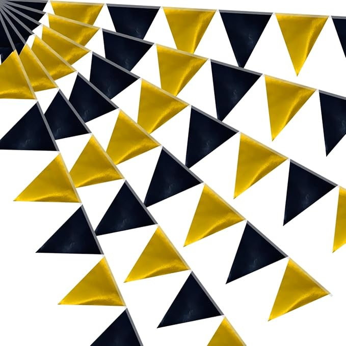 64ft Black Gold Triangle Pennant Banner Flag Metallic Paper Bunting Garland for Hanging Backdrop Birthday Party Decorations Graduation Bachelorette Bridal Wedding Baby Shower New Year Party Supplies