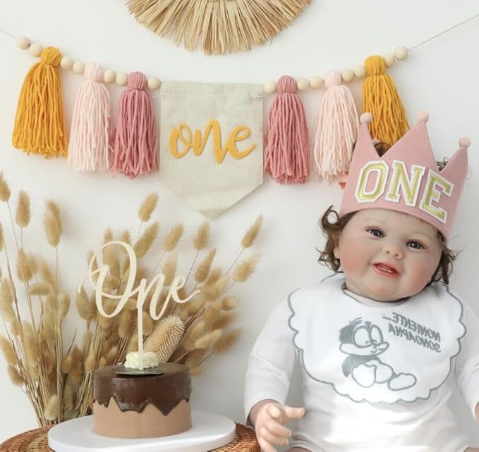 Baby Girls Pink Yellow 1st High Chair Banner Wood Bead Tassel Garland Crown Hat Wooden Cake Topper Birthday Party Decorations