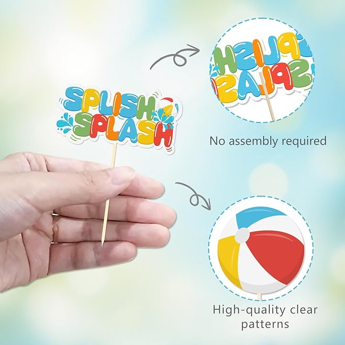 24 Pack Splish Splash Beach Ball Cupcake Toppers, Summer Pool Party Decorations Picks for Pool Theme Wedding Baby Shower Birthday Party Supplies (Splish Splash)