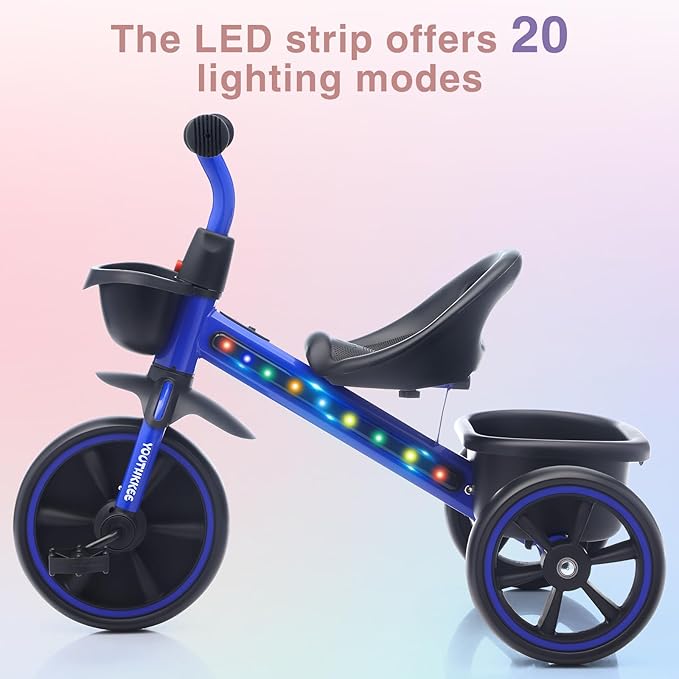 Kids Tricycle with Colorful LED Lights for Toddlers 1-3 Years, Stable 3-Wheel Design & Storage Basket for Fun Indoor Outdoor Ride, Gift for Baby Boy Girl