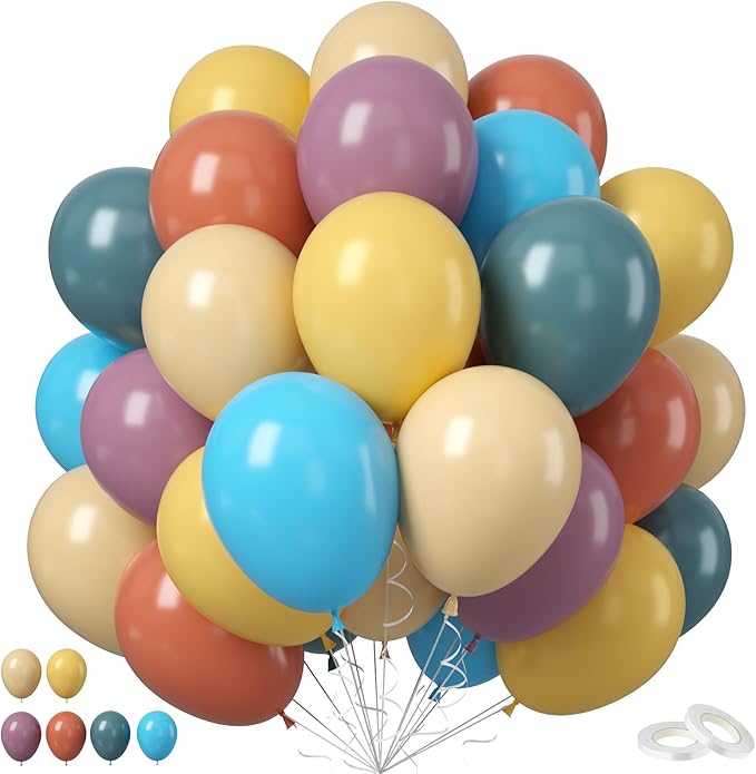 Colorful Balloons Boho Rainbow Latex Balloon Set, 50PCS 12Inch Retro Mustard Yellow Slate Blue Balloons Mixed Colored Balloon for Baby Shower Boho Safari Groovy Birthday