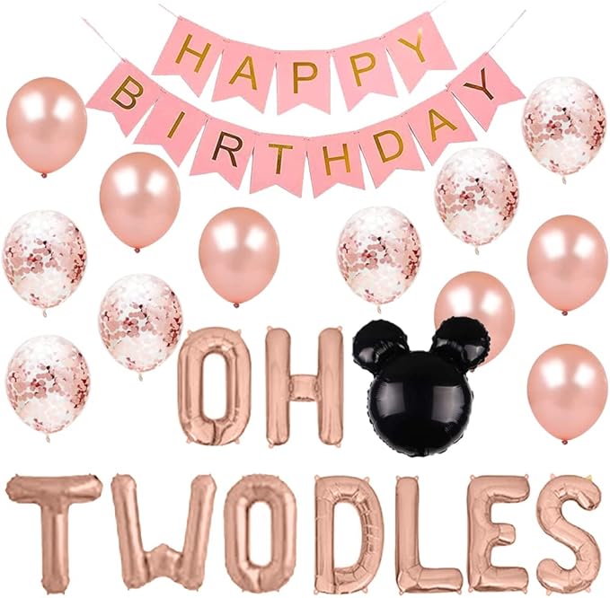 Oh Twodles Birthday Balloons, Oh Twodles Balloon Banner Party Supplies Number 2 Balloon for 2nd Second Boy Birthday Party Decoration 12PCS Kit of Geloar (Rose Gold)