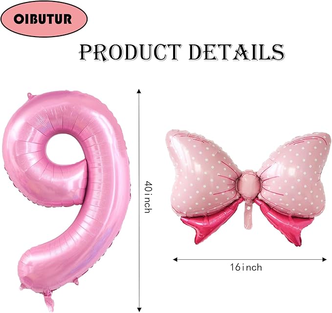 40 inch Number 9 Balloon with Bow Pink Happy Birthday Jumbo Number Balloon for Girls Daughter Birthday Decorations Party Supplies (Number 9)