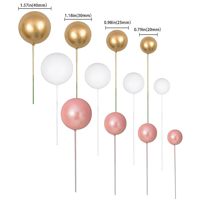 Gyufise 30Pcs Balls Cake Topper Mini Balloons Cake Toppers Foam Ball Cake Decorations Balloon Cake Topper Ball Shaped Cake Insert Topper for Birthday Party Baby Shower Decor Rose Gold White Gold