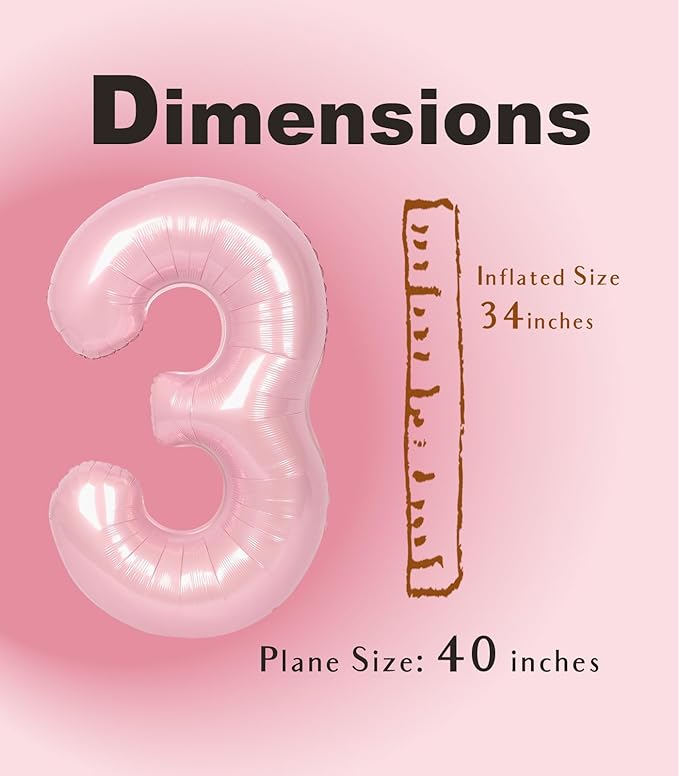 SUWEN 40 Inch Pink Large 3 Number Balloons Big Foil Helium Number Balloons 0-9 Jumbo Happy 3rd Mylar Birthday Party Decorations for Girl Anniversary Party Supplies