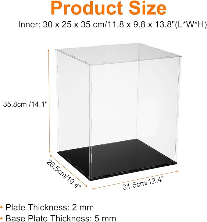 uxcell Acrylic Clear Display Case for Collectibles Self-Assemble Display Clear Boxes with Black Base Dustproof Countertop Storage Box for Collectible Action Figure, 11.8 x 9.8 x 13.8 Inch