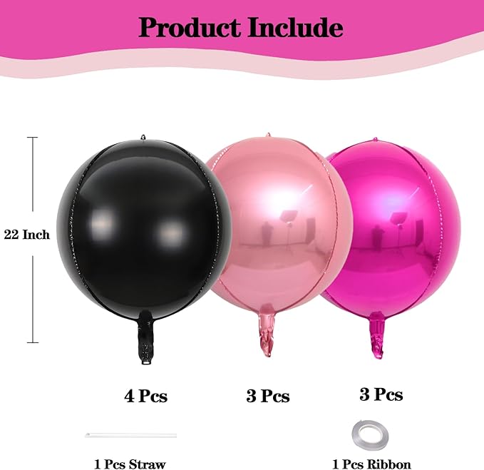 KALOR 22 Inch Black and Hot Pink Foil Balloons, 10 Pcs Large 4D Giant Round Metallic Foil Balloon for Birthday Party Baby Shower Graduation Party Decorations