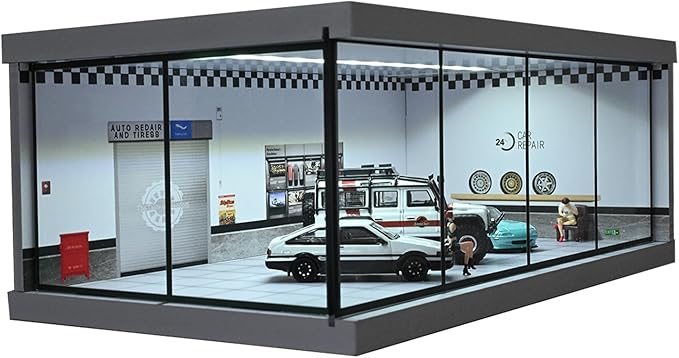 1/64 Diorama Car Garage, LED Lighting City Showroom, 1/64 Scale Diecast Car Parking Lot Storage, Scene Display Model Collection Gift (Repair Shop)