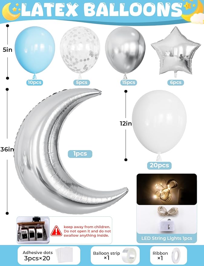 Blue White and Silver Balloons - Over The Moon Baby Shower Decorations with String Lights, Moon and Star Balloon for Boys Girls Twinkle Twinkle Little Star Gender Reveal Decorations