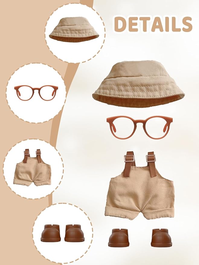 4PCS Doll Clothes Set for 17cm Dolls – Stylish Outfit with 4 Hat, 4 Overalls, 4 Shoes & 4 Glasses of Clothes Designer, Cute Clothes for Dress up Unique Style (Black+White+Brown+Pink)