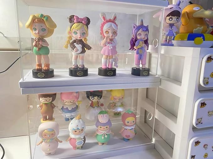 2 Tier Clear Acrylic Display Case Stand for Funko pop, 2 Layer Storage Cabinet Shelf Showcase Dustproof for Mini Toys Figures Stone Collectibles Assemble Organizer, White 9.8x4.5x5.9inch