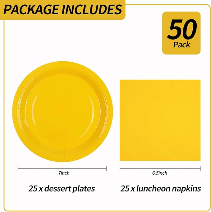 50PCS Yellow Paper Plates and Napkins Decorations, 7Inch Solid Yellow Dessert Plates Disposable Cake Plate Tableware Set Party Supplies for Birthday Anniversaries Baby Shower Wedding