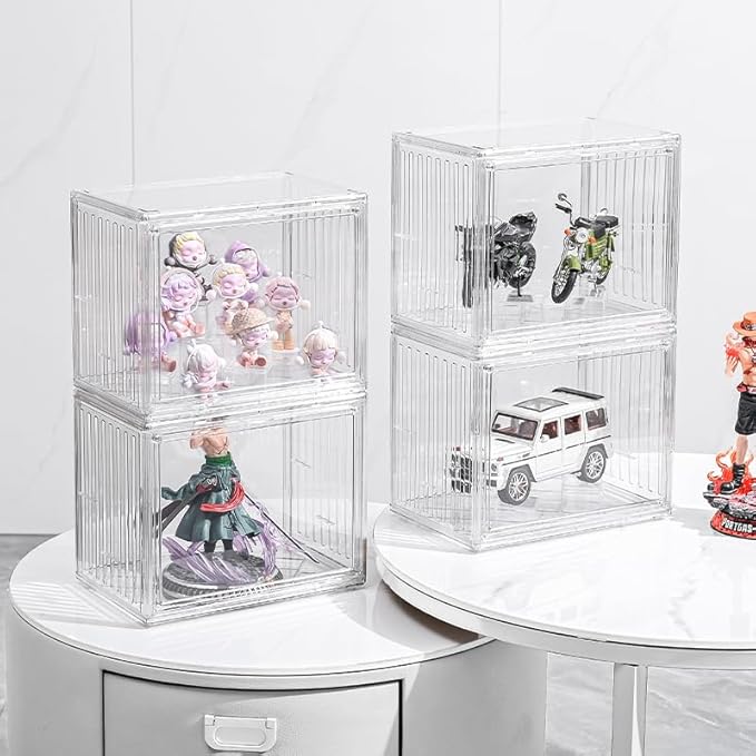 LED Lighted Display Case for Figures, Multi-Level Acrylic Display Box with Magnetic Door, Clear PET Organizer for Collectibles, Action Figures, Miniatures & Anime Desk Decor