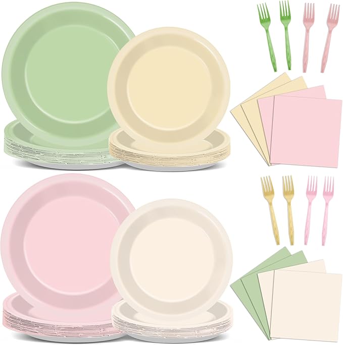 96Pcs Pink and Sage Green Birthday Party Decorations Olive Dusty Pink Metallic Gold Nude Paper Plates and Napkins Boho Tablewares for Girl Birthday Baby Shower Bachelorette Party Supplies 24 Guest