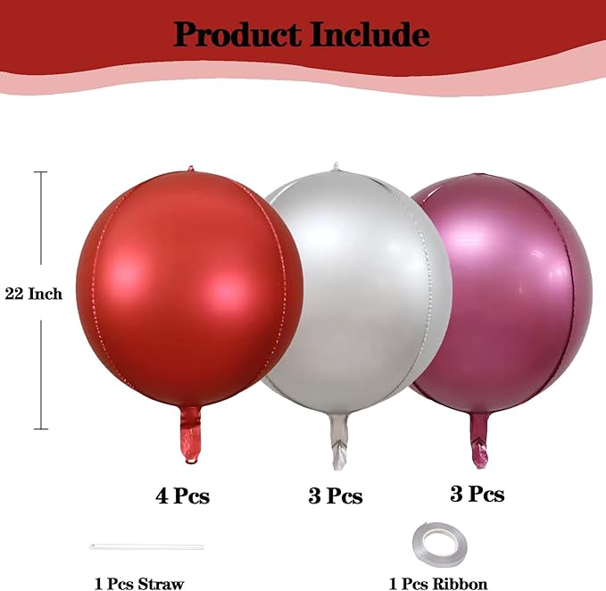 KALOR 22 Inch Matte Red and Silver Foil Balloons, 10 Pcs Large 4D Giant Round Metallic Foil Balloon for Birthday Party Baby Shower Graduation Party Decorations
