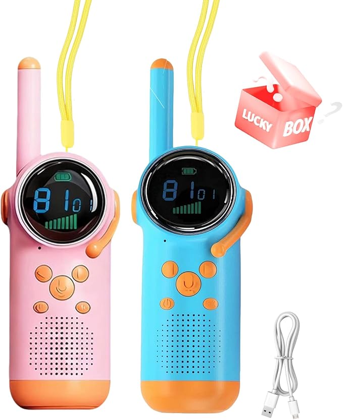 KOOMTOOM Walkie Talkies for Kids,2 Pack Rechargeable Walkies Talkies with LCD Flashlight & Alarm Clock,3 Miles Long Range for Boys and Girls(Blue+Pink)