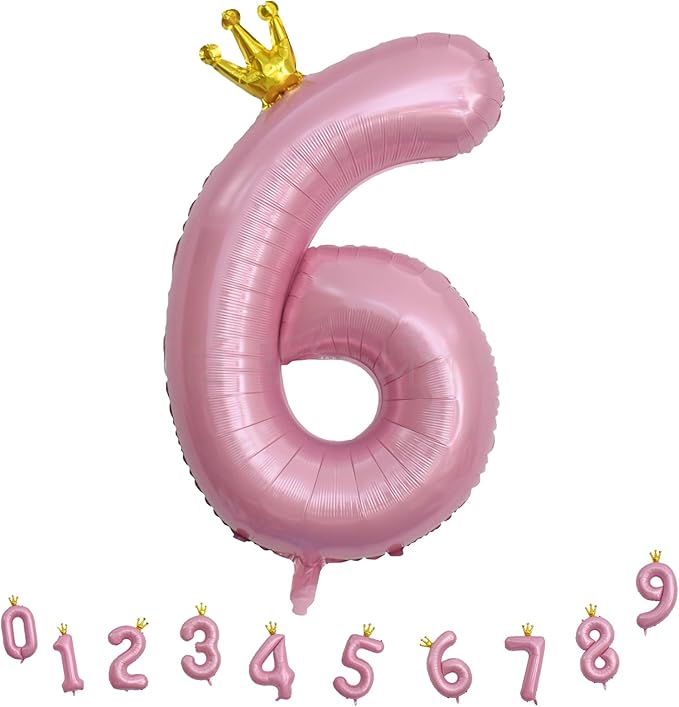 Large Number 6 Balloons, Light Pink 40 Inch Foil Number Balloon for Women, Crown Pearl Pink Self Inflating 0-9 Set Balloons for Girls 6th Birthday Party Decor Anniversary Party Decorations Supplies