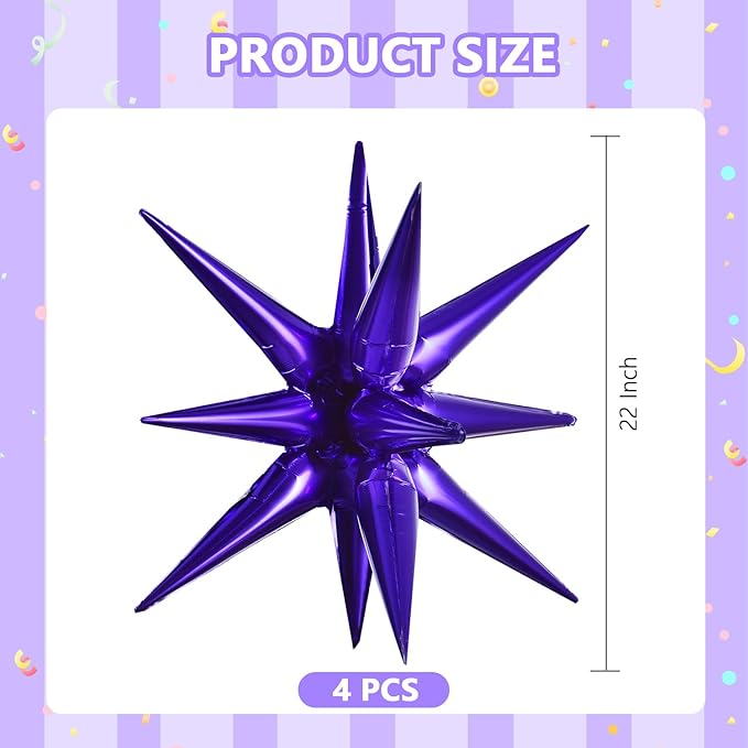 TONIFUL 4 Pcs 22inch 4D Dark Purple Explosion Star Mylar Balloons Purple Star Balloons for Party Backdrop Christmas,New Year Birthday, Halloween,Wedding Baby Shower Anniversary Photo Booth Supplies