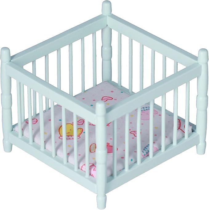 1:12 Scale Wooden Doll House Baby Bed DIY Miniature Doll House Mini Furniture Accessories with Mattress Square Bed Blue Children's Day Gift