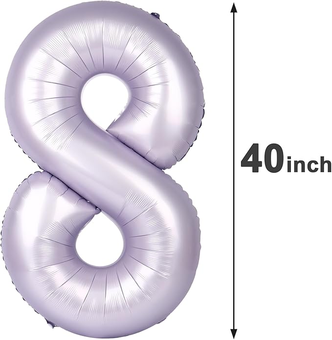 Lilac Foil Number 8 Balloon 40 Inch, Helium Mylar Eight Number 8 18 28 38 48 58 80 88 Birthday Balloons, 8th Lavender Women Men Wedding Anniversary, Graduations Party Supplies