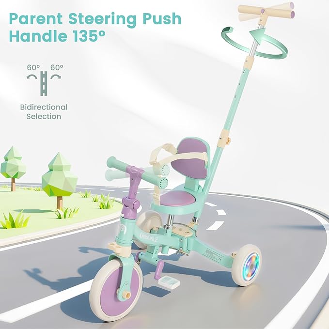 5-in-1 Tricycle for Toddlers 1-3, Convertible Toddler Bike with Push Handle & Removable Pedals, Balance Bike with Colorful Lighting Wheels, Adjustable Seat Height with Backrest(Green-Purple)