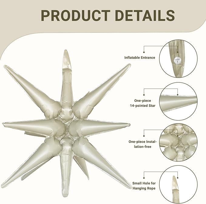 6 Pcs Cream Color Star Foil Balloons One-Piece 14-Pointed Star Balloon 4D Starburst Cone Mylar Balloon 22inch Christmas Birthday Wedding Wedding Anniversary Party Supplies(Cream Color)