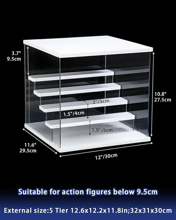 Clear Acrylic Display Case with Light , 5 Tier Display Box Stand Assembly Dustproof Protection Showcase for Collectibles Action Figures (White 12.6×12.2×11.8in; 32×31×30cm)