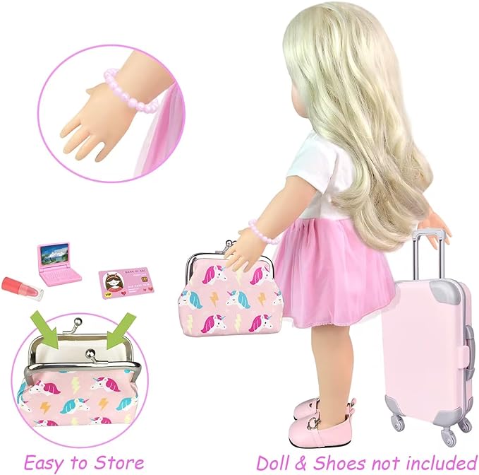 BNUZEIYI 17Pcs 18 Inch Girl Doll Clothes and Accessories Doll Accessories Travel Play Set with Travel Pillow Camera for 18 Inch Dolls Gift for Girls