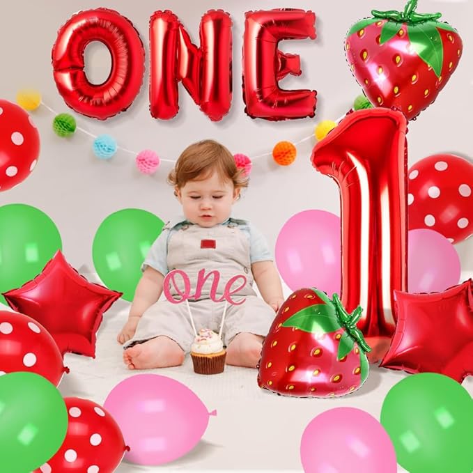 Strawberry Balloons, 1st Strawberry Birthday Decoration with Number One Balloon Letter ONE Star Pink Green Balloon For Strawberry First Birthday Party Supplies