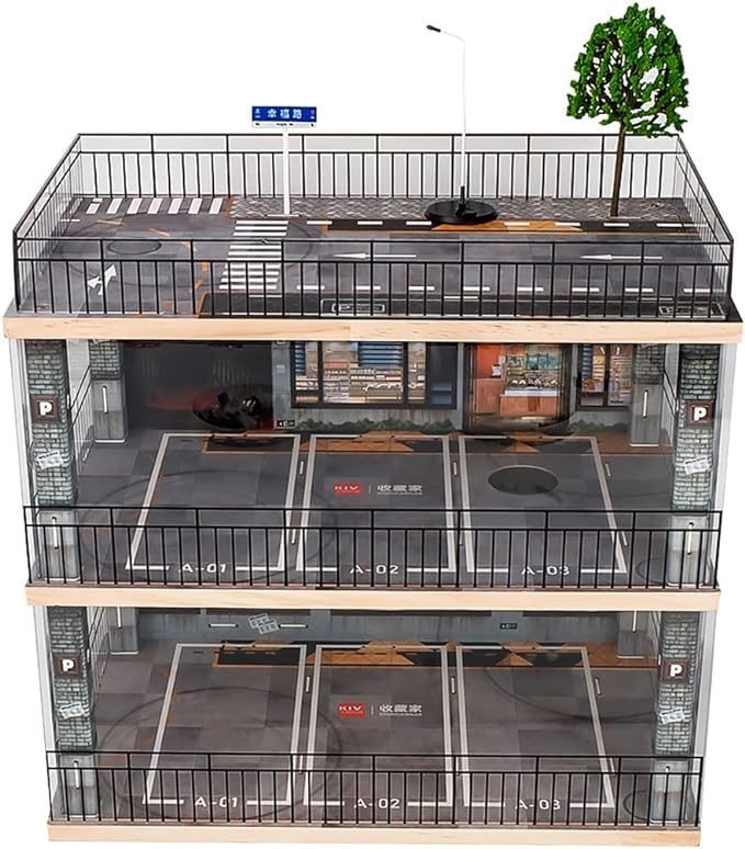 1:24 Scale Car Model Display Case with Parking Lot Scene for Sports Car and Lego Collectors, Display Stand for Alloy Car Model Toy with Light (3-Tiers Coffee Shop Parking Lot)