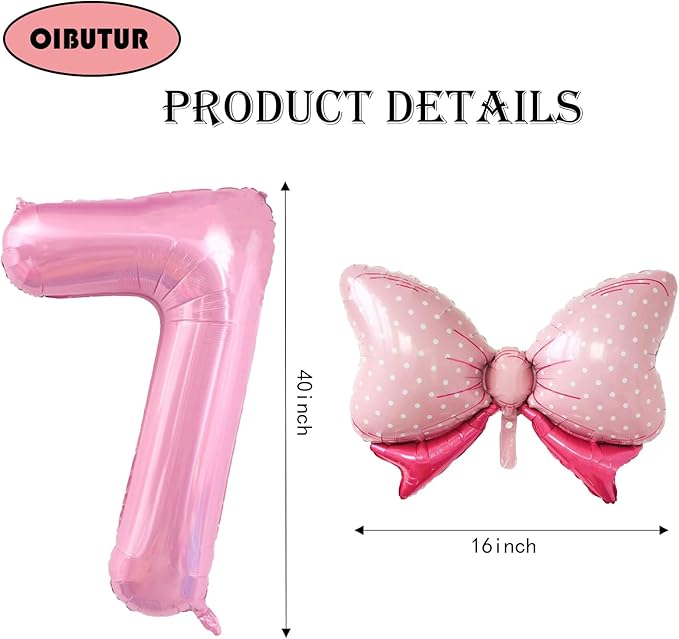 40 inch Number 7 Balloon with Bow Pink Happy Birthday Jumbo Number Balloon for Girls Daughter Birthday Decorations Party Supplies (Number 7)