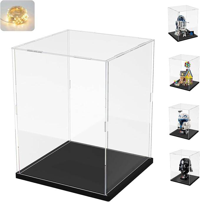 Thickened Clear Acrylic Display Case for Lego 75379 R2-D2 (Mini) 43217 75304 75349 75350 Collectibles, Transparent Box Protection with Wood-Plastic Base & String Light, Black Inside 7.9x7.9x11.8inch