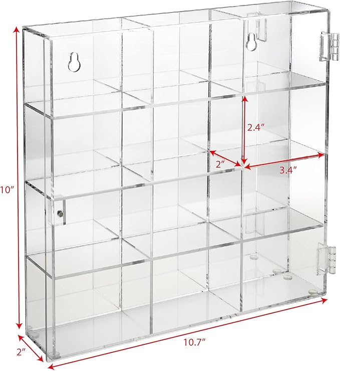 Ikee Design Premium Acrylic Display Case with Mirrored Back, Clear Wall Mounted or Desktop 12 Compartments Display Cabinet Shelves for Collectibles, Small Pop Figures, Jewelry, 10.7 W x 2 D x 10 H in