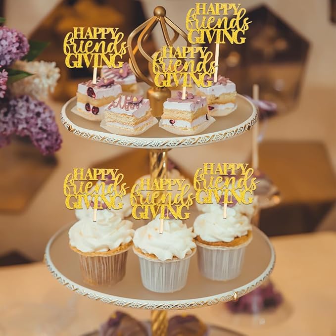 Happy Friendsgiving Cupcake Toppers, 24 PCS Glitter Happy Thanksgiving Cupcake Picks, Gold Give Thanks Cake Decorations Food Picks for Happy Thanksgiving Day Themed Birthday Party Decoration Supplies
