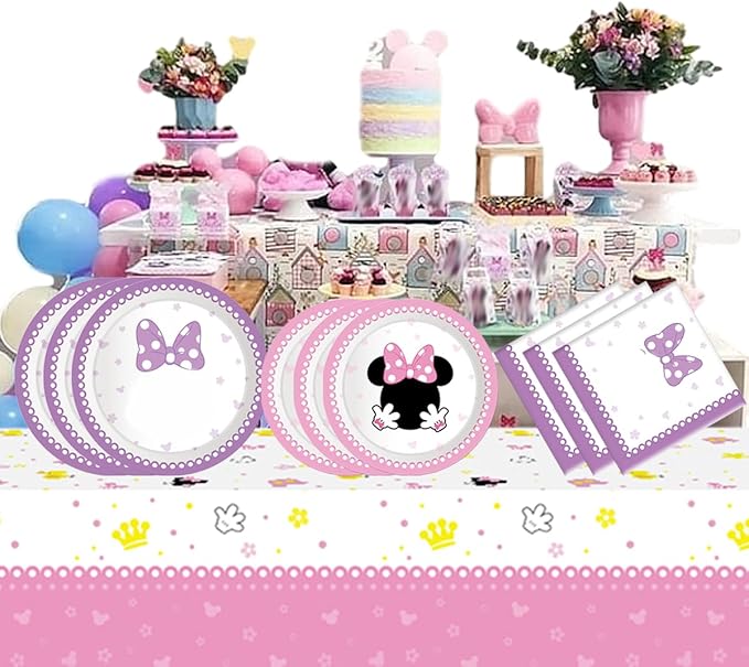 Party Tableware For Cute Mouse,16 pcs Paper Plates (8pcs 9 inch and 8pcs 7inch)-20 Napkin and Table Cloth 86” x 52”,Girl Cute Mouse Birthday Party Decorate Supplies