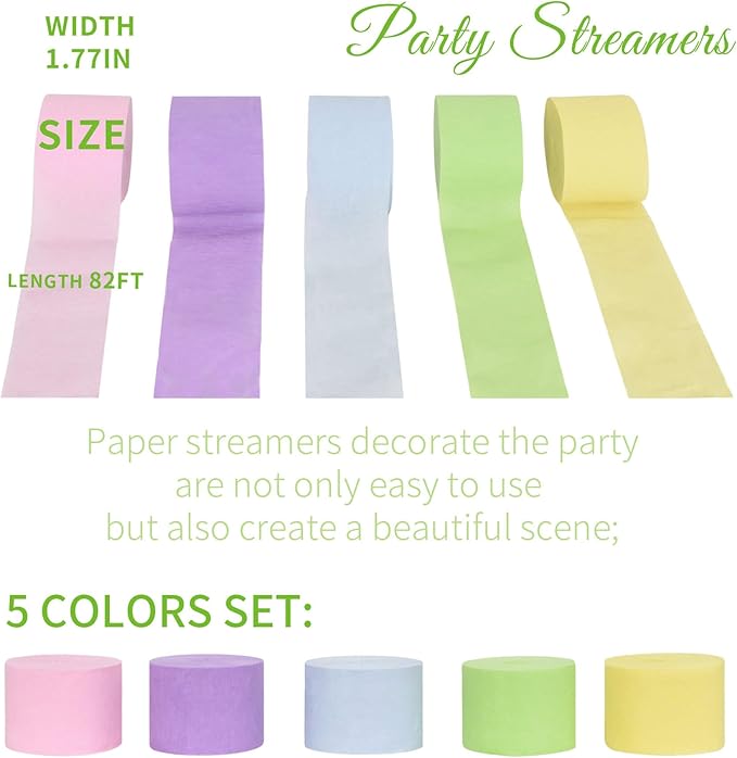 Pastel Birthday Decorations, Crepe Paper Streamers Party Decorations (5 Rolls)- Pastel Pink, Purple, Blue, Yellow, Green Multicolor Paper Crafts for for Women, Girls- Fancy Rainbow Theme Hanging Décor