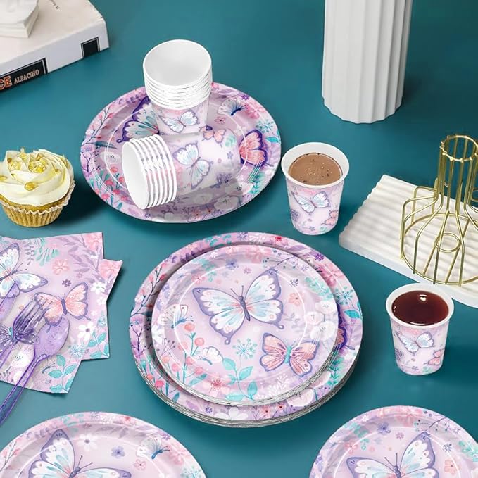 168pcs Butterfly Party Decorations Purple Butterfly Plates and Napkins Tableware Set Disposable Paper Cups Flower and Butterfly Birthday Party Supplies for Kids Birthday Decor Serves 24 Guest