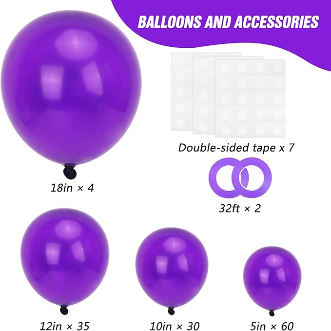 RUBFAC Dark Purple Balloons 129pcs Different Sizes Pack of 18 12 10 5 Inch, Latex Royal Purple Balloon Garland Arch Kit for Wedding Masquerade Birthday Party Decorations