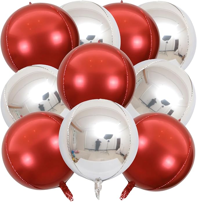 KALOR 22 Inch Red and Silver Foil Balloons, 10 Pcs Large 4D Giant Round Metallic Foil Balloon for Birthday Party Baby Shower Graduation Party Decorations