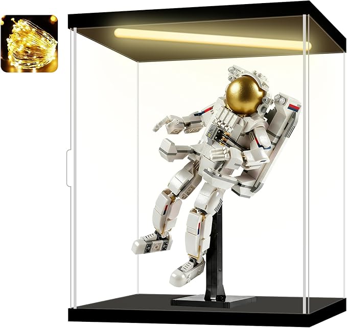 Acrylic Display Case for Collectibles, Action Figures & Trophies, Black Base Solid Yellow Light, 9.8×9.8×11.8 Inch
