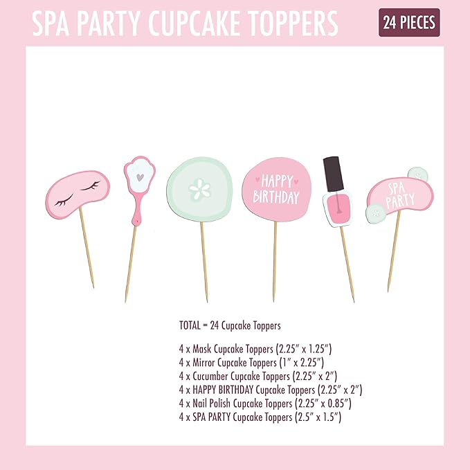 Spa Party Cupcake Toppers | Set of 24 | Spa Party Supplies for Girls - Cupcake Decorations & Cake Toppers for Girls Makeup or Slumber Birthday Celebration