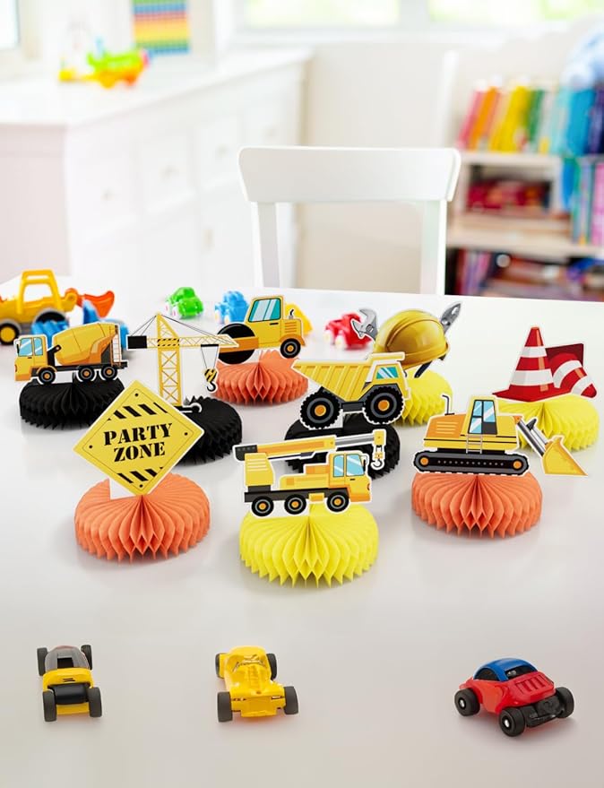 9Pcs Construction Party Decorations, Construction Honeycomb Centerpieces Vehicles Table Decorations Trucks Cars Centerpieces 3D Honeycomb Decoration for Truck Theme Birthday Party Supplies