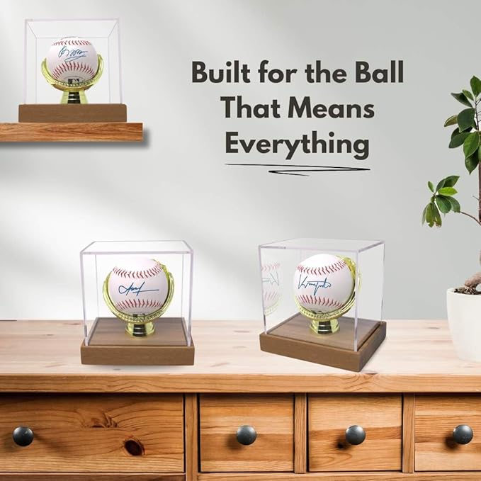 Gold Glove Baseball Display Case Holder Walnut Wood by Display Zone – Clear Homerun Cube Keepsake Box for Signed, Autograph, and Game Balls - Real Walnut Wooden Base