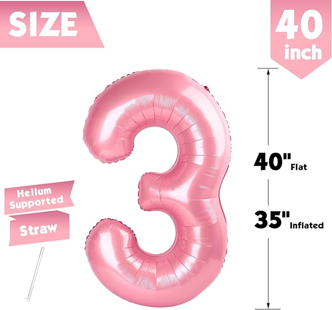 40 Inch Pearlescent Pink Number 3 Balloon, Giant 3 Number Balloons for 3rd Birthday Decorations, Party Supplies for Baby Boy Girl, Pearlescent Pink Party Decor