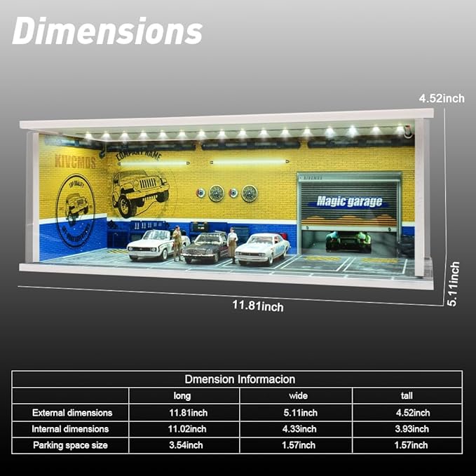 1/64 Model Car Display Case Diecast Diorama Garage，Simulated Parking Lot Model Miniature Scene Parking Lot PVC Assembly with Light Parking Space Model Display Frame Toy Display Box (Yellow)