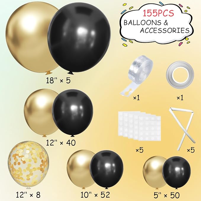 155Pcs Black and Gold Balloon Garland Arch Kit with Gold Confetti Balloons for Graduation New Year Birthday Wedding Party Decorations