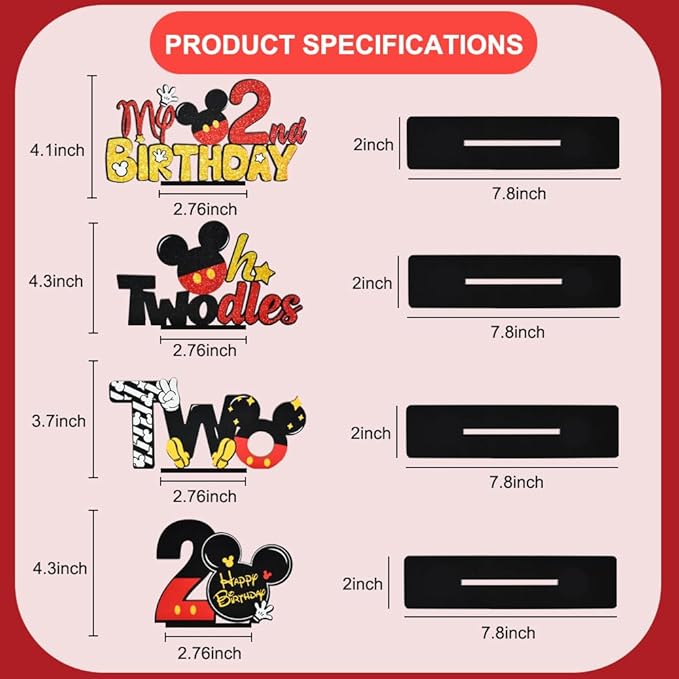 TONIFUL Red Mouse 2nd Birthday Party Supplies 2nd Table Centerpieces - Red Mouse Theme Design and Sturdy Wooden for Two Years Old Birthday Party Favors 2nd Birthday Decorations (4 Pcs)