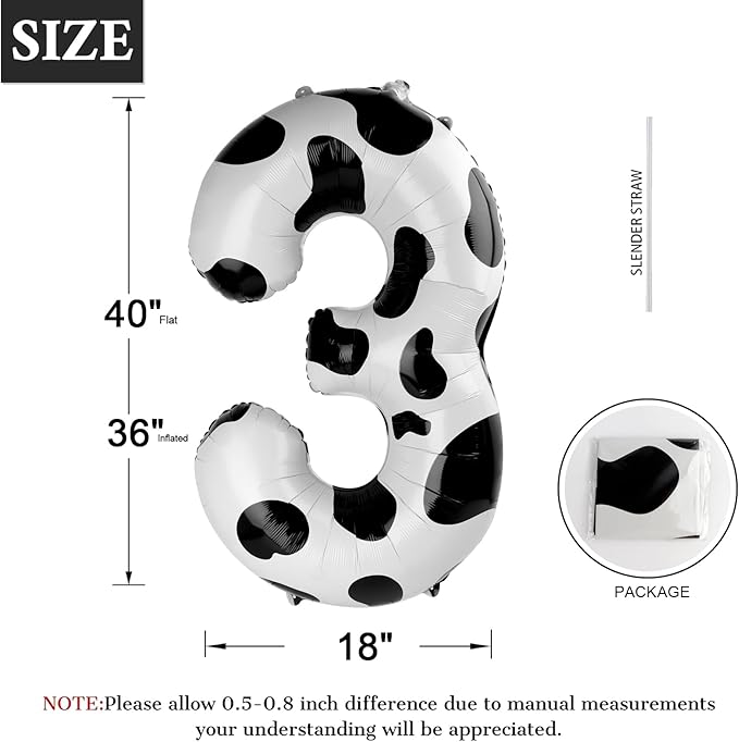 Cow Print Number Balloon Birthday Decorations, 40 inch Number balloon 0-9(Zero-Nine), Cow Balloon for Farm Birthday Party Supplies, Cow Themed birthday party Decorations (Number 3)
