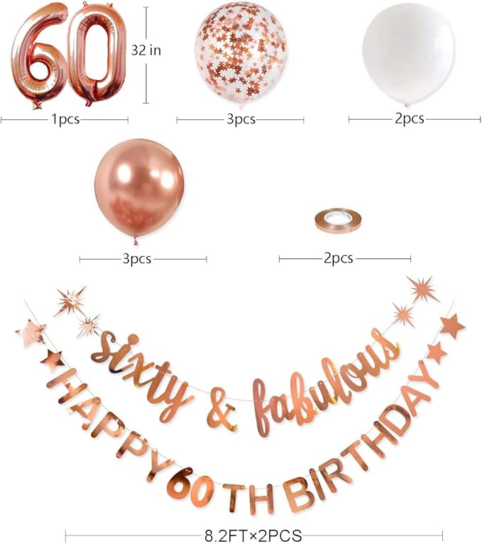 Rose Gold Sixty & Fabulous Happy 60th Birthday Banner Garland Foil Balloon 60 for Womens 60th Birthday Decorations Hanging 60 and Fabulous Cheers to 60 Years Old Birthday Party Supplies Backdrop